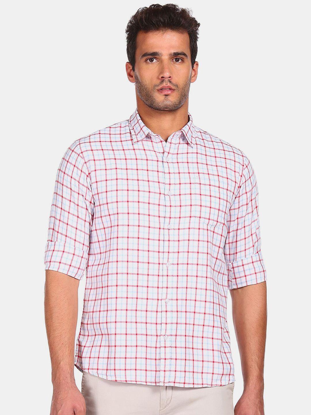 ruggers men white & red checked pure cotton casual shirt