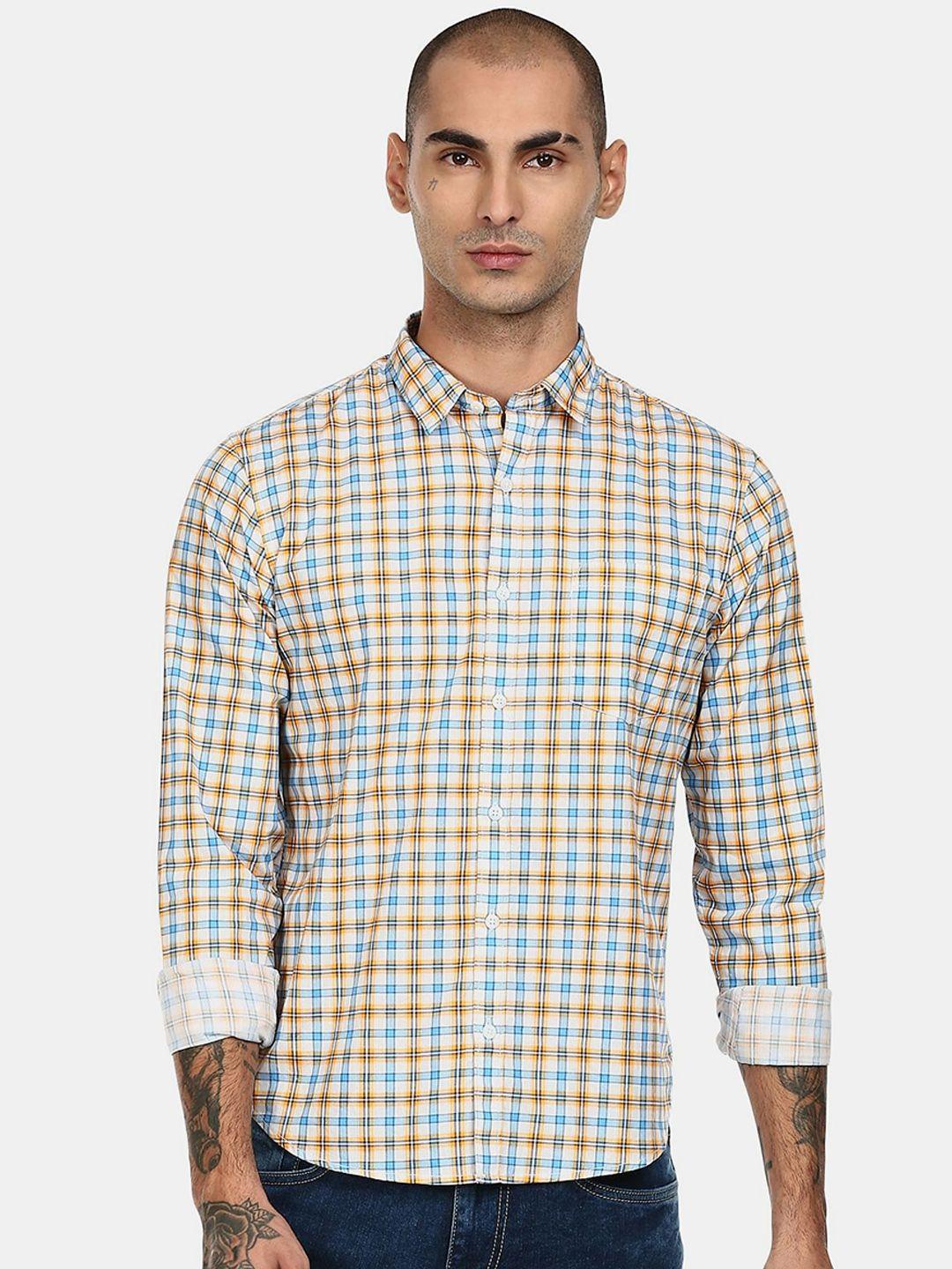 ruggers men white & yellow checked cotton casual shirt