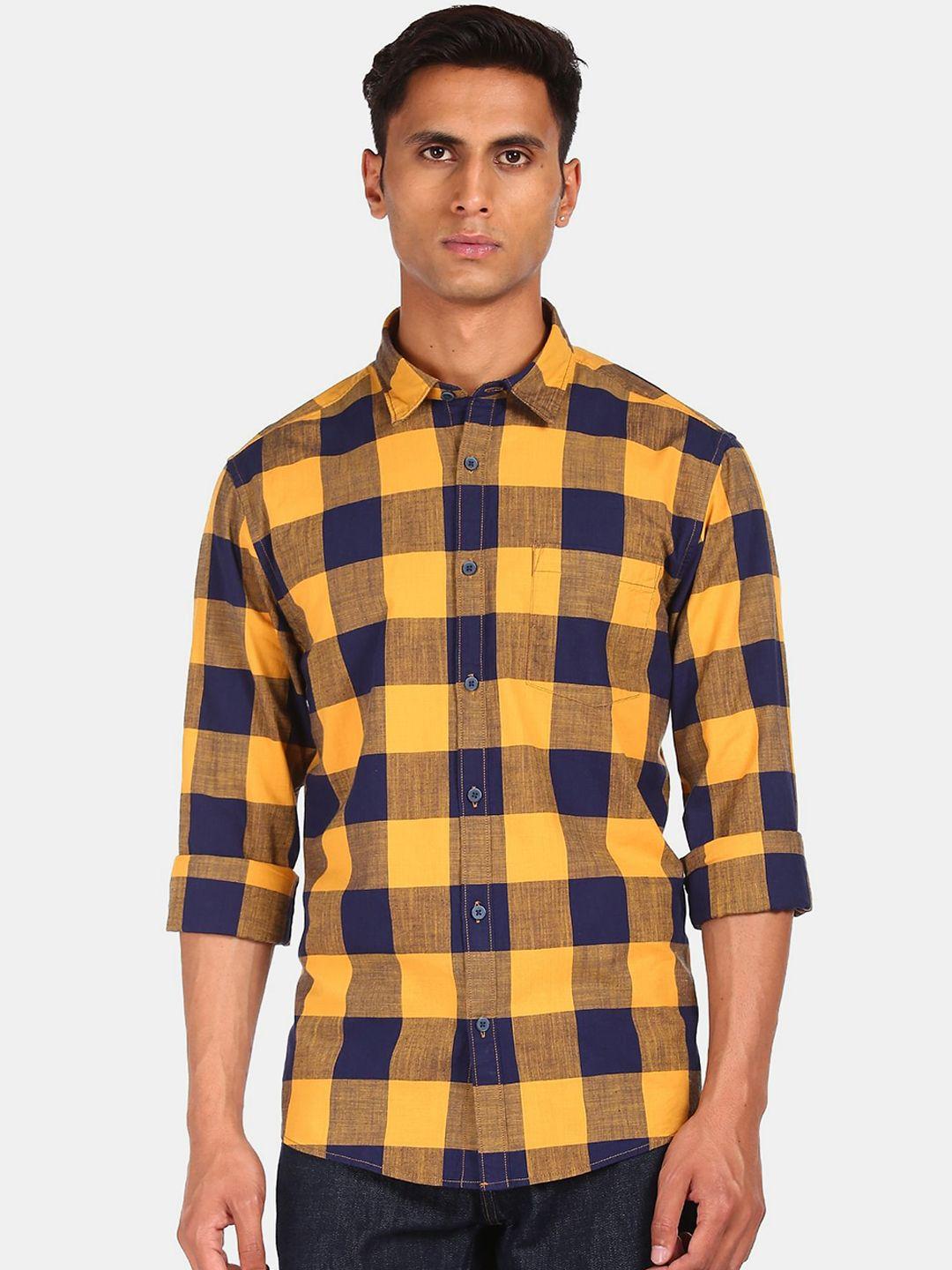 ruggers men yellow & blue buffalo checks opaque casual pure cotton shirt