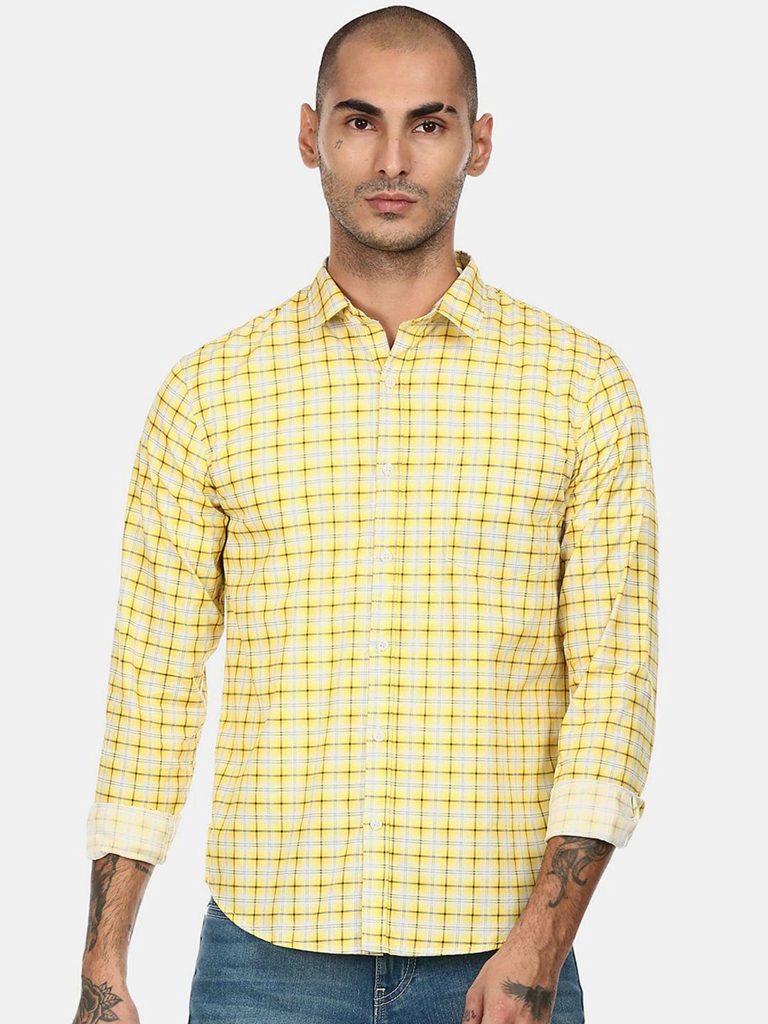 ruggers men yellow & white checked cotton casual shirt
