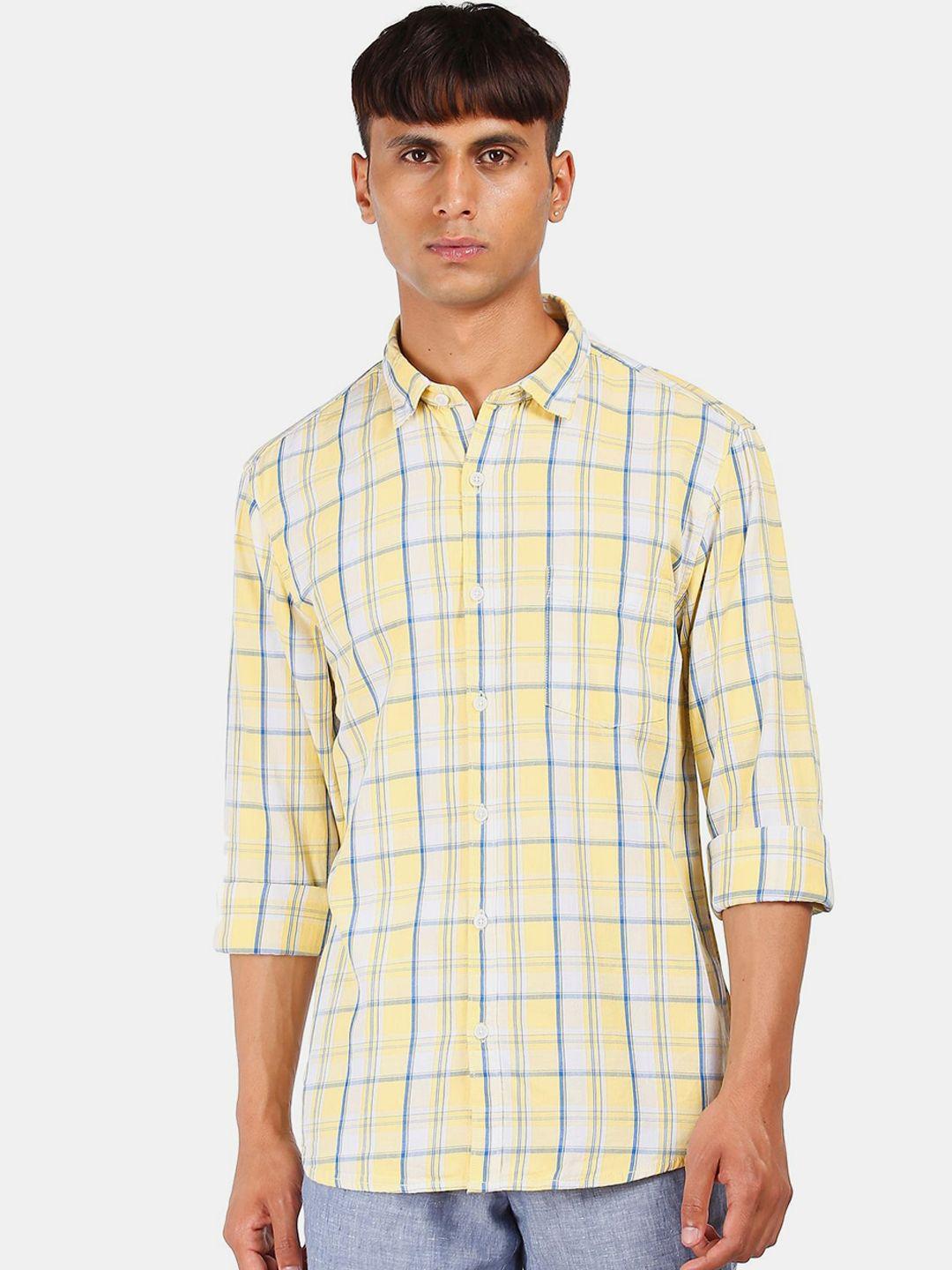 ruggers men yellow & white slim fit checked cotton casual shirt