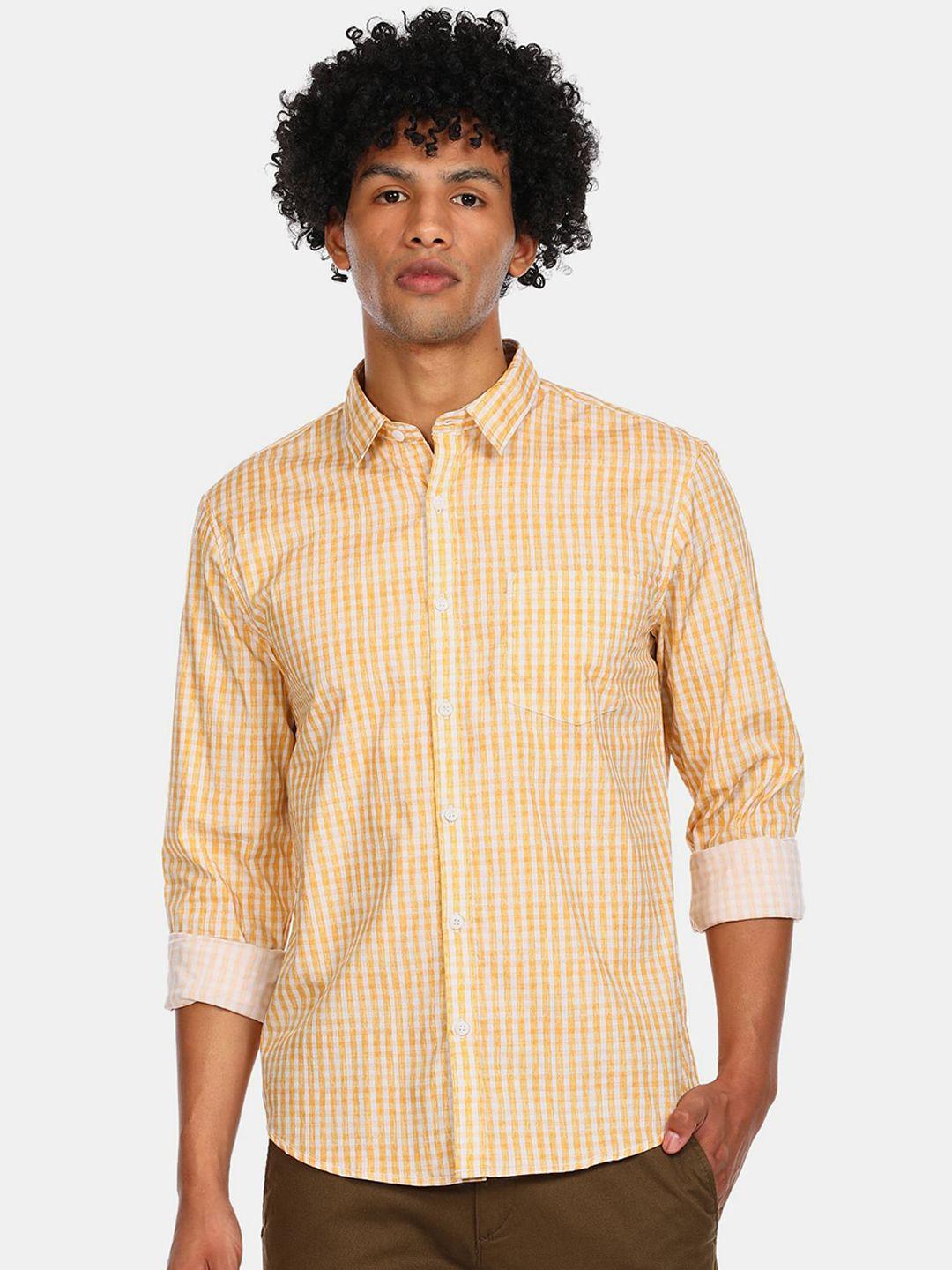 ruggers men yellow & white striped cotton casual shirt