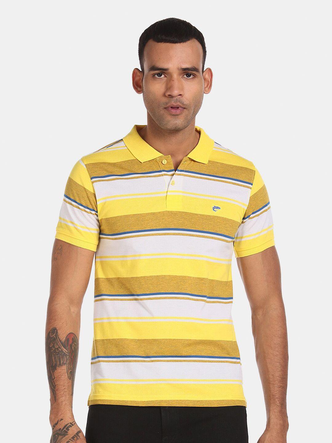 ruggers men yellow & white striped polo collar t-shirt