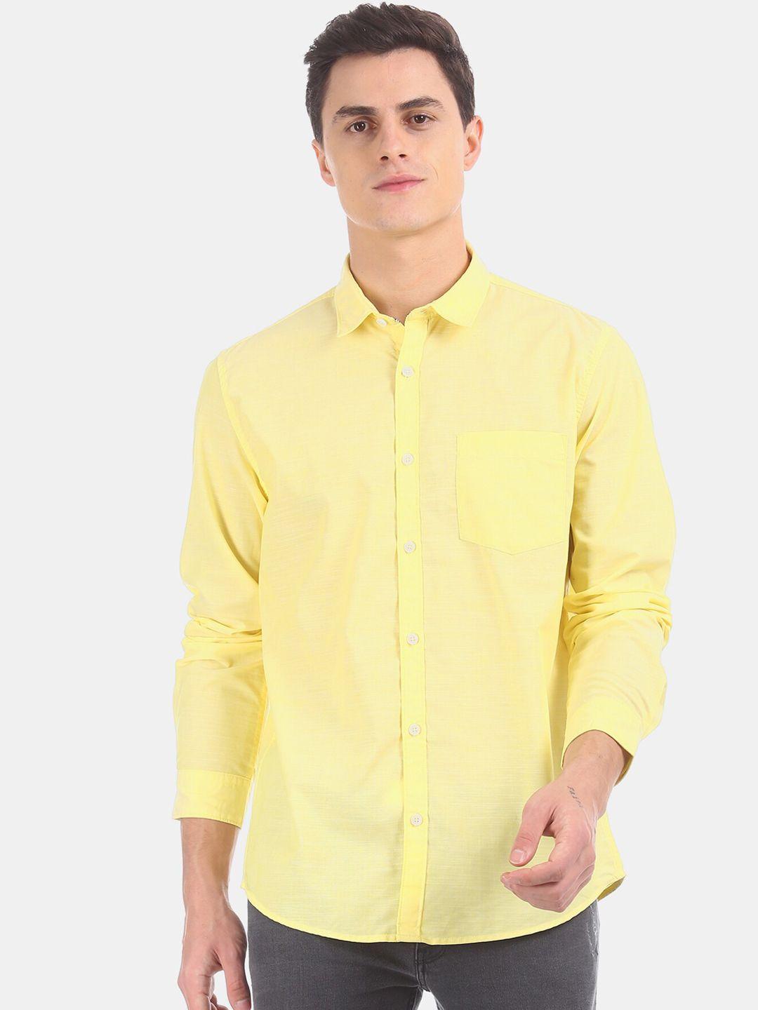 ruggers men yellow regular fit solid casual shirt