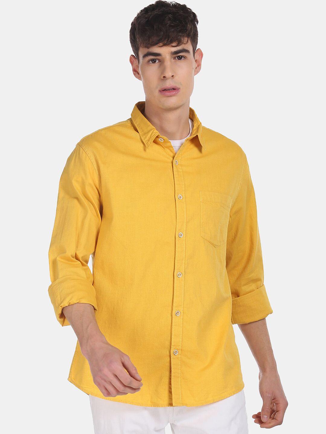 ruggers men yellow regular fit solid cotton casual shirt