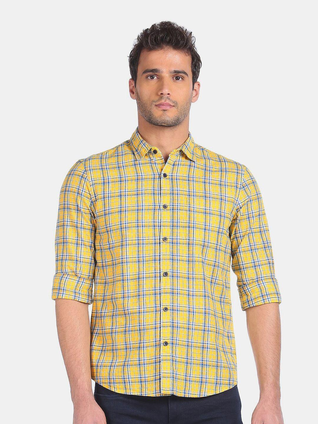 ruggers men yellow tartan checks pure cotton casual shirt