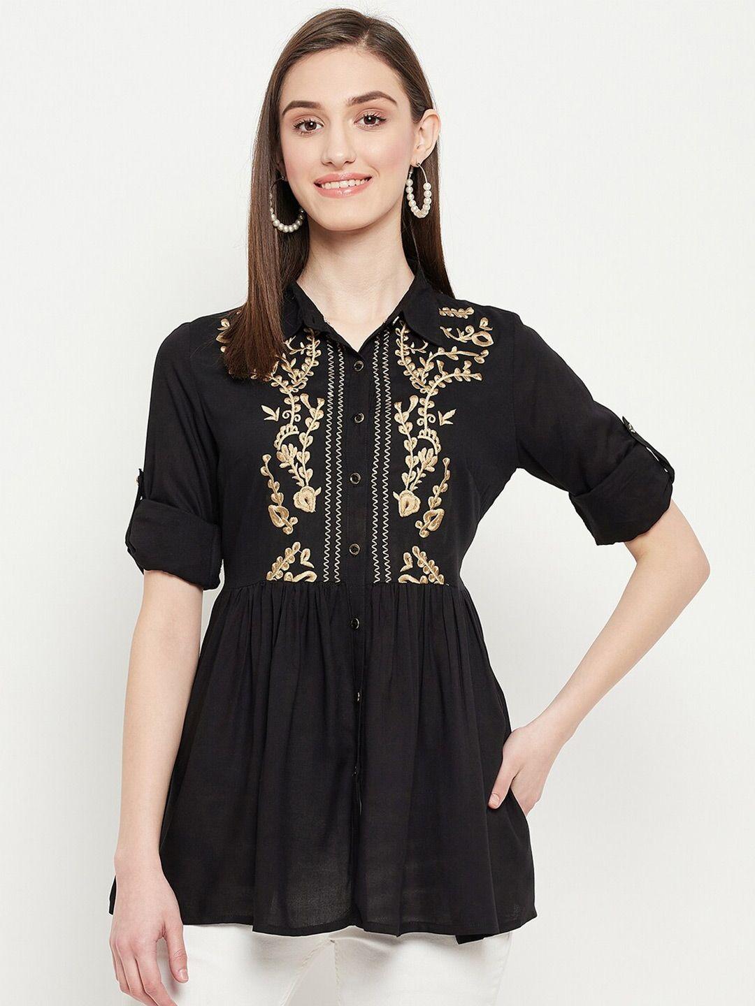 ruhaans  floral embroidered roll-up sleeves shirt style top