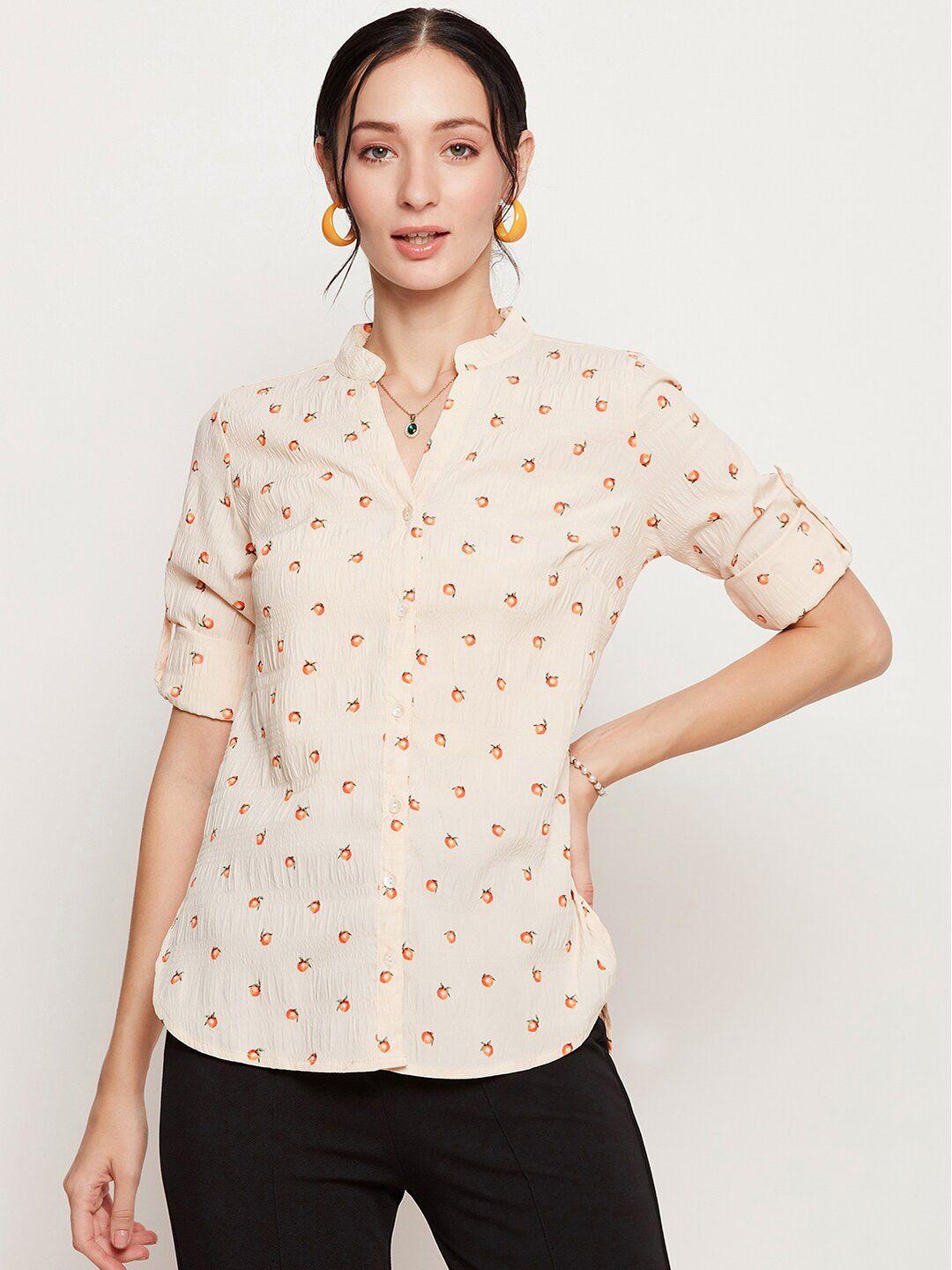 ruhaans conversational printed mandarin collar roll-up sleeves shirt style top