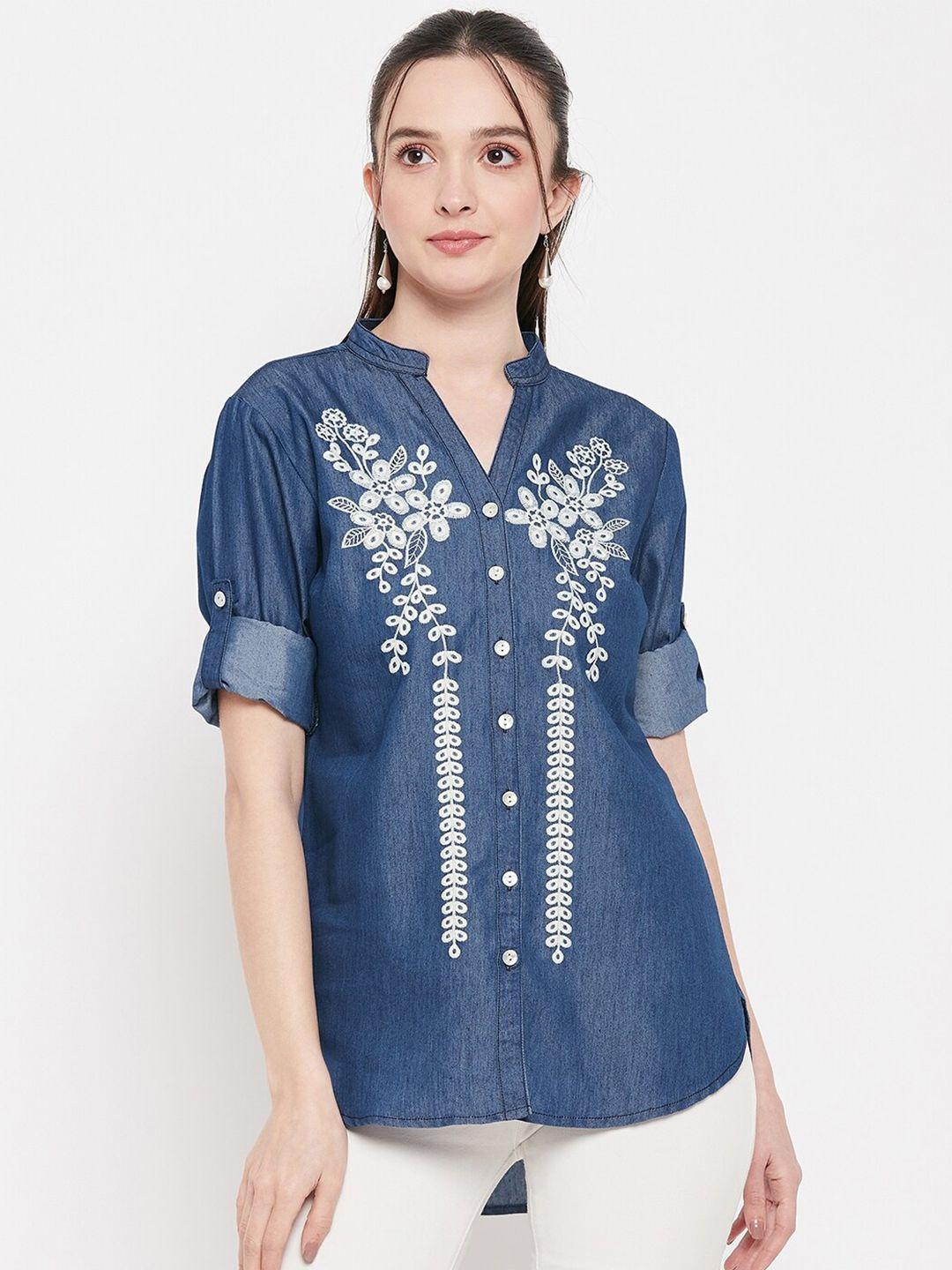 ruhaans floral embroidered notched neck roll up sleeves high low denim shirt style top