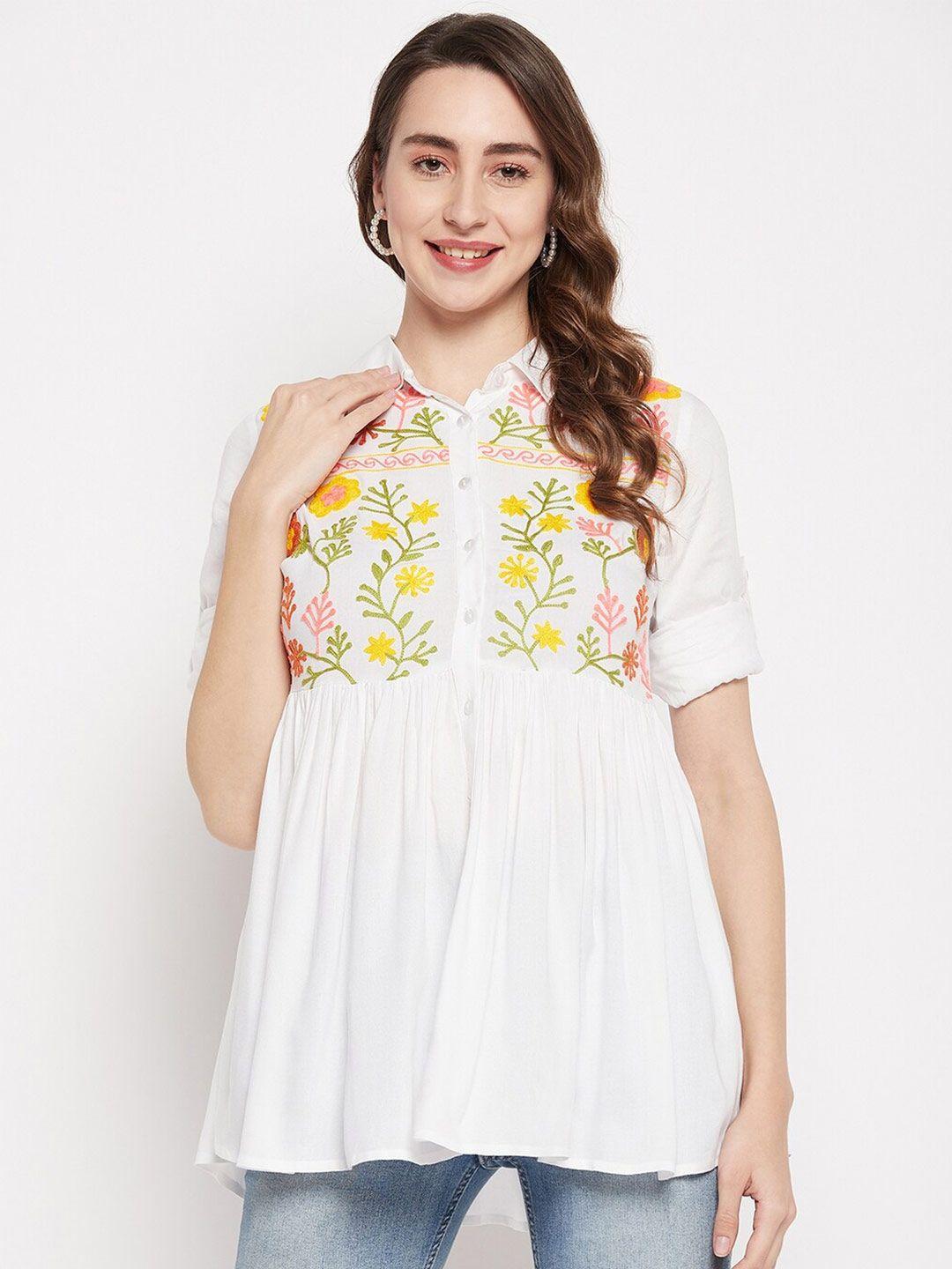 ruhaans floral embroidered roll-up sleeves shirt style top