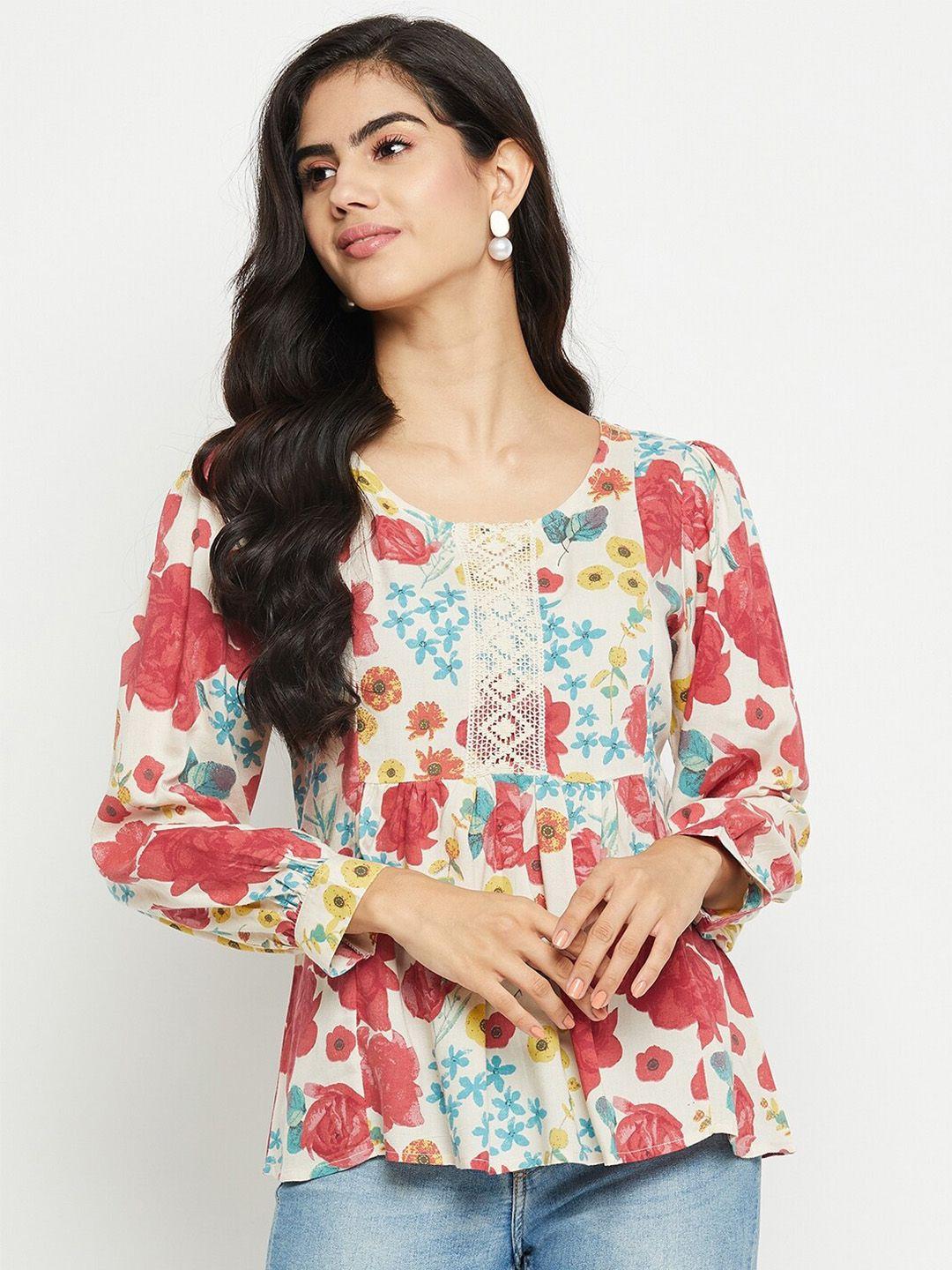 ruhaans floral printed cuffed sleeve lace inserts cotton regular top