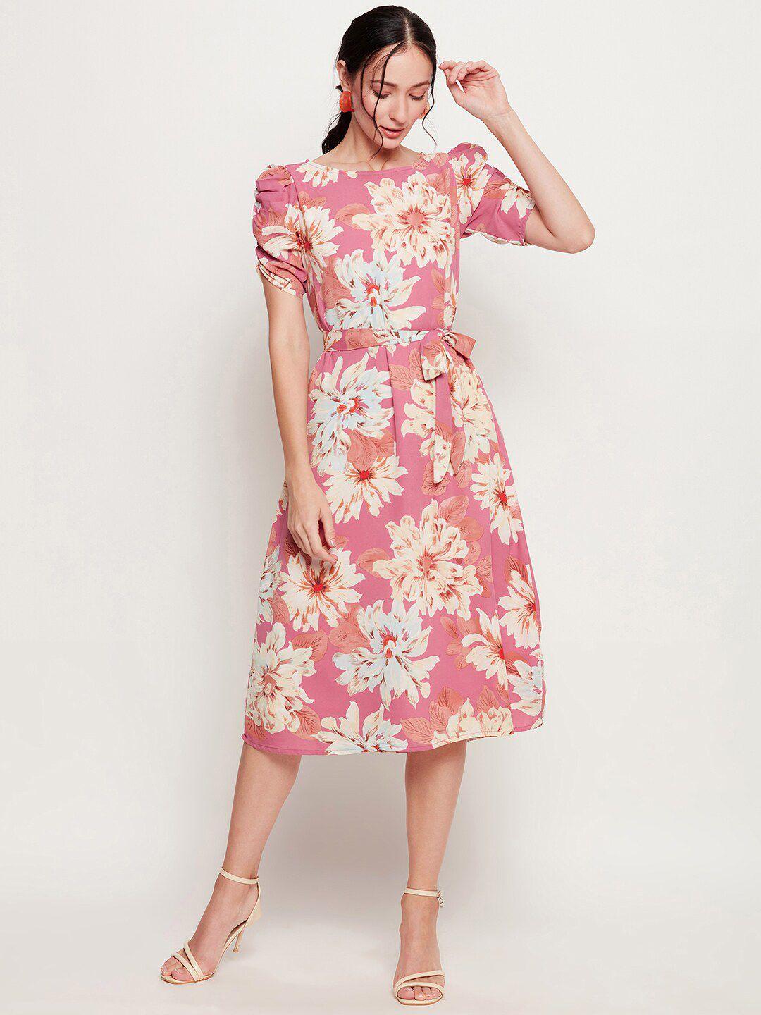 ruhaans floral printed puff sleeves a-line midi dress