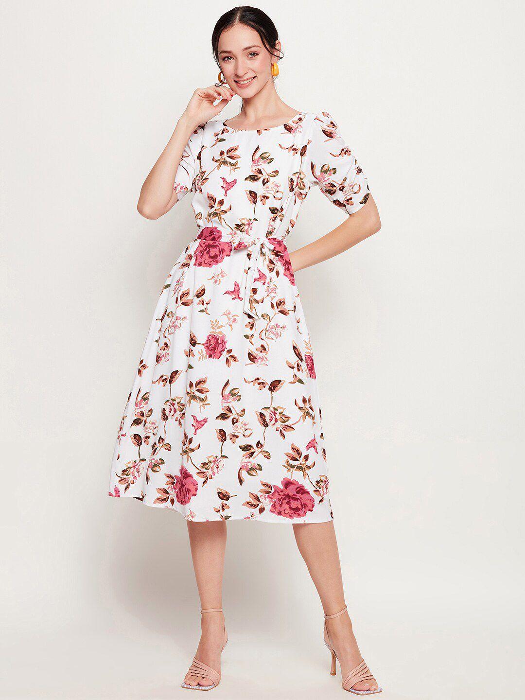 ruhaans floral printed puff sleeves fit & flare midi dress