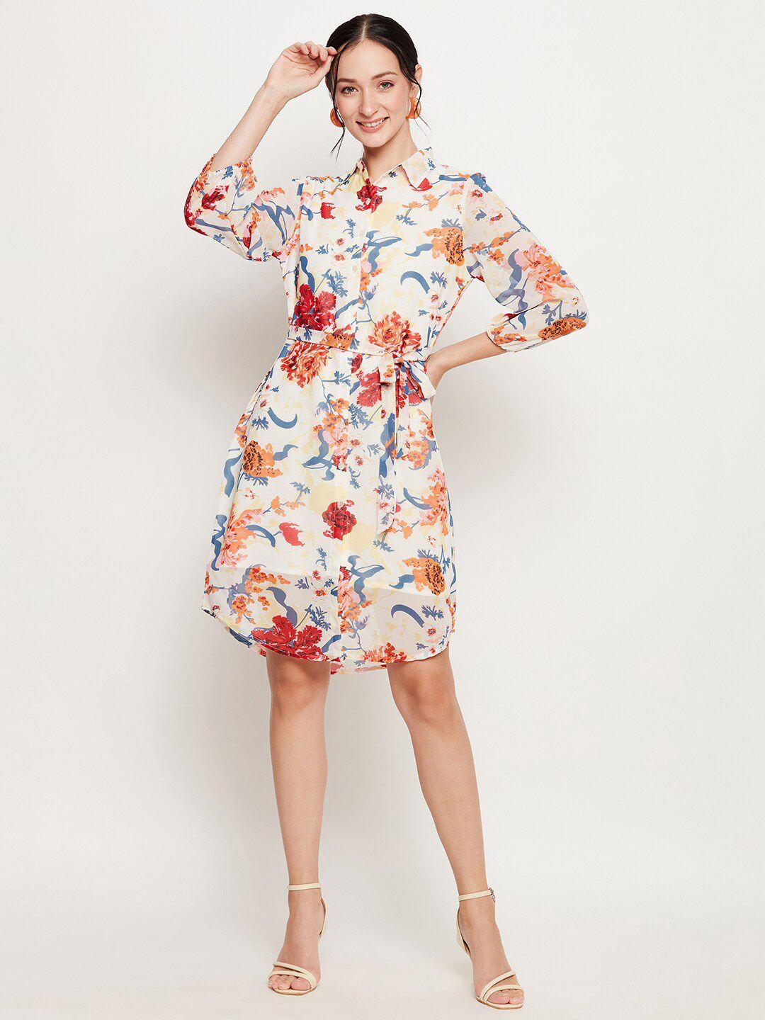 ruhaans floral printed shirt collar georgette belted shirt dress