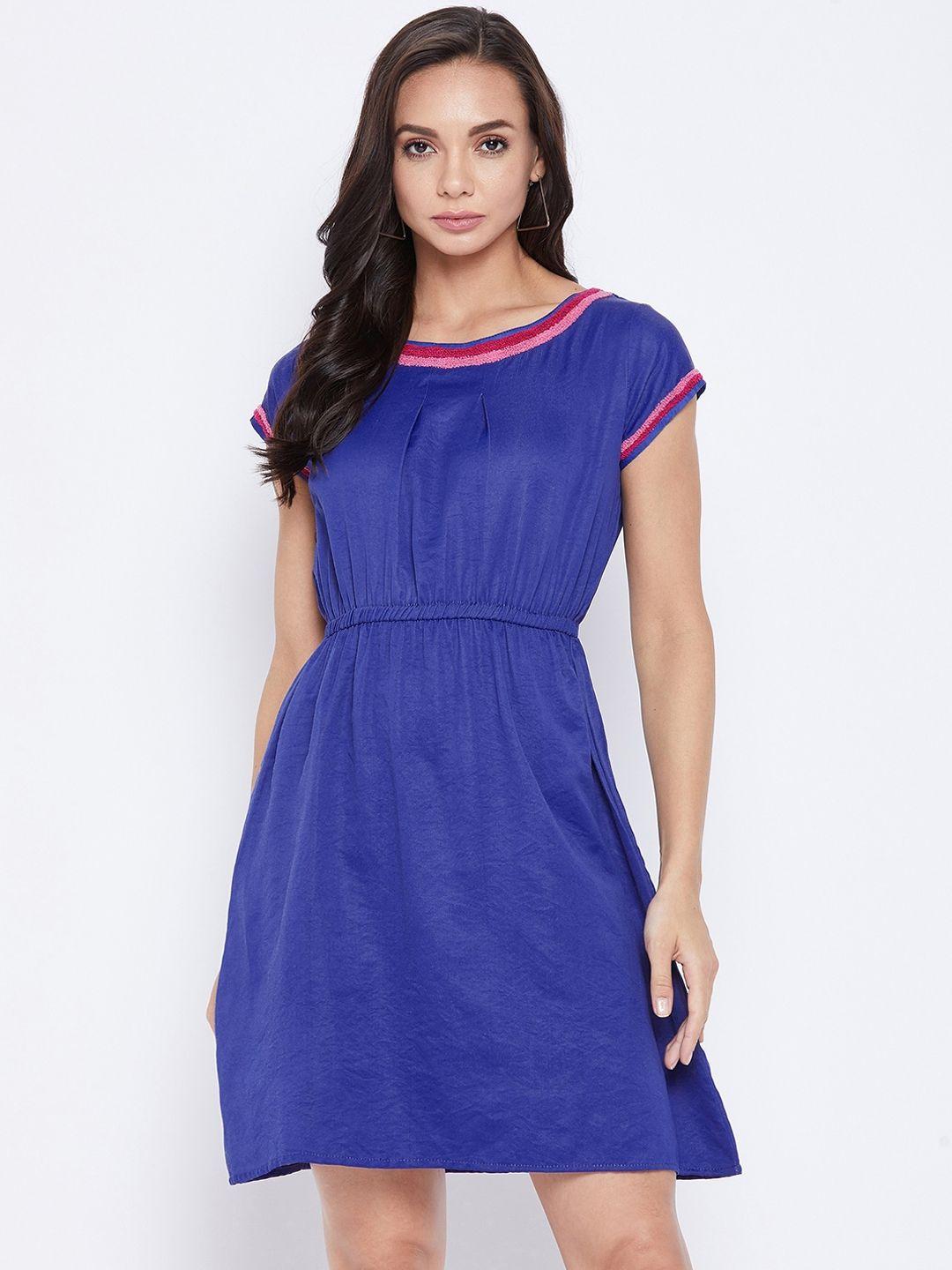 ruhaans women blue & pink embroidered denim dress