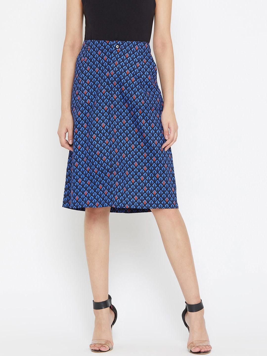 ruhaans women blue printed knee-length a-line pure cotton skirt