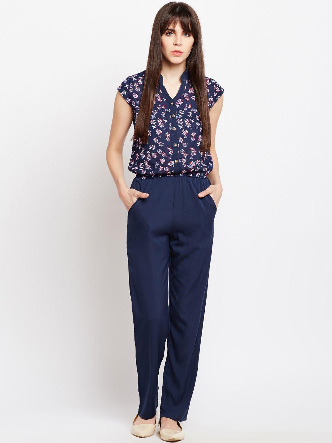 ruhaans women navy blue printed basic jumpsuit