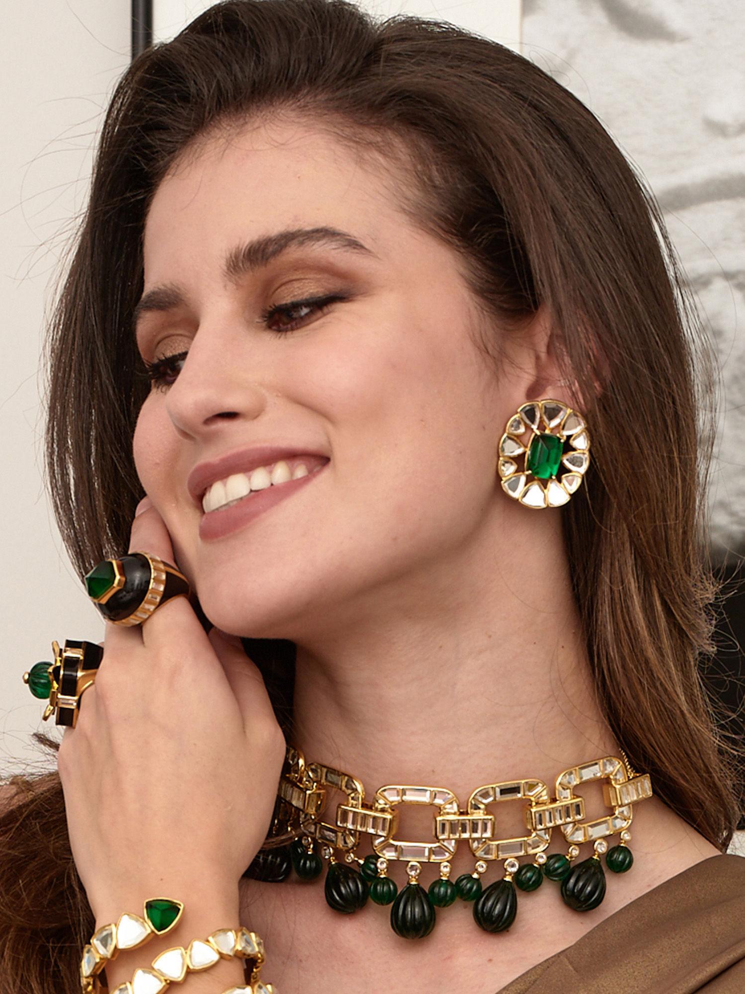 ruhaniyat mirror & hydro emerald studs in 18k gold plated