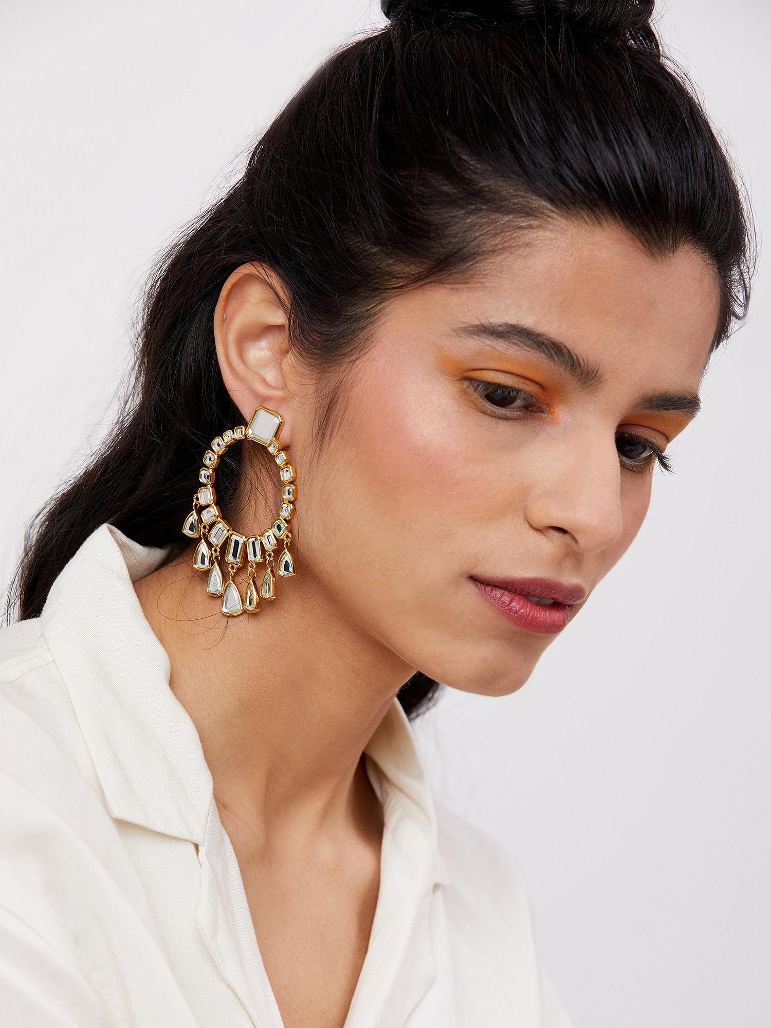 ruhaniyat statement mirror drop earrings in 18k gold plated
