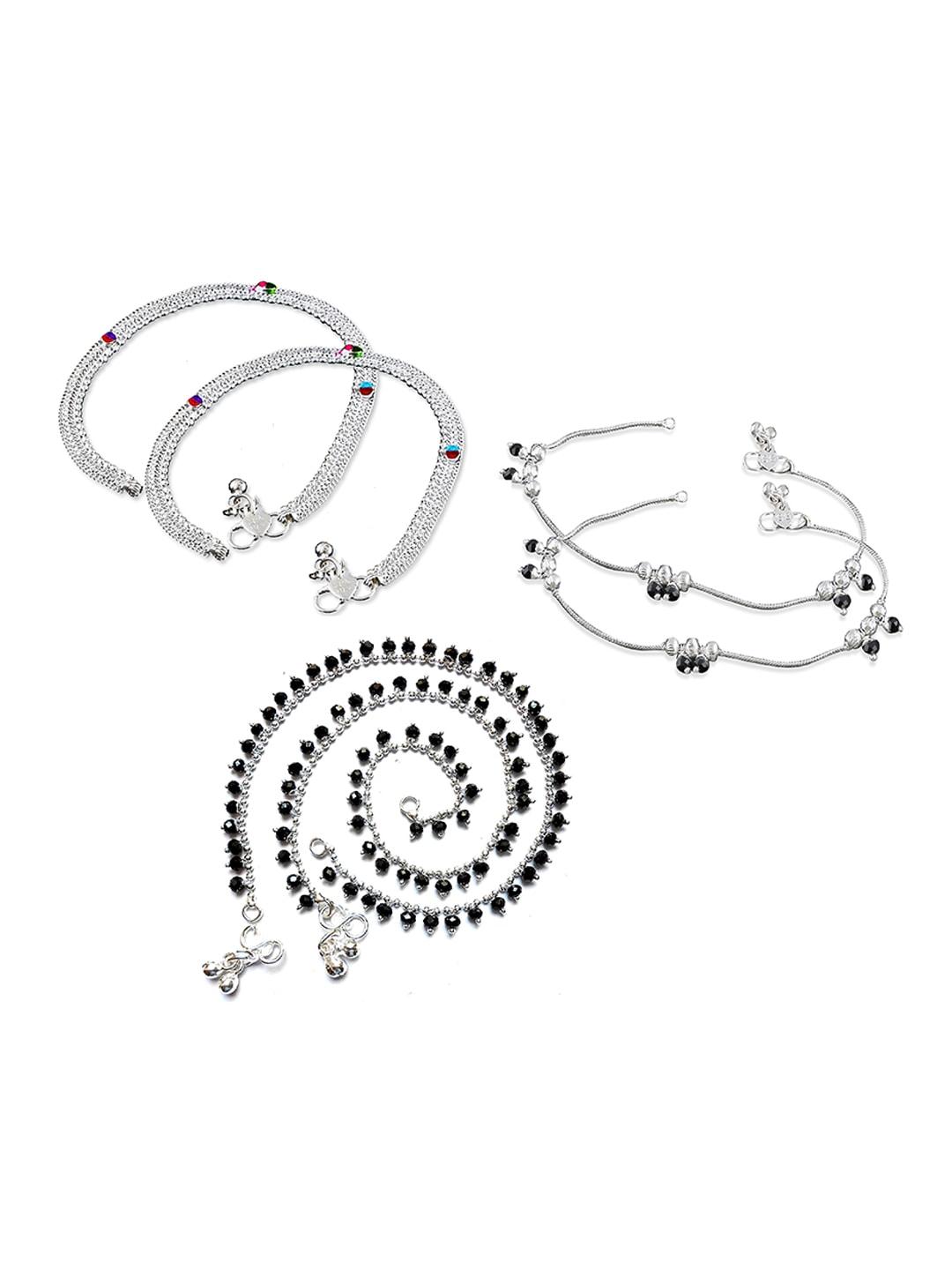 ruhi collection pair of 3 bridal silver plated indian traditional ethnic anklets