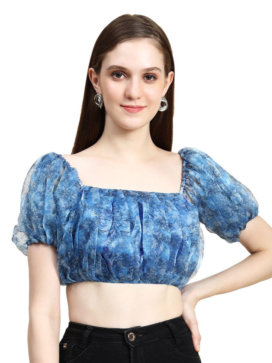 rujave blue & blue geometric print accordion pleats cape crop top