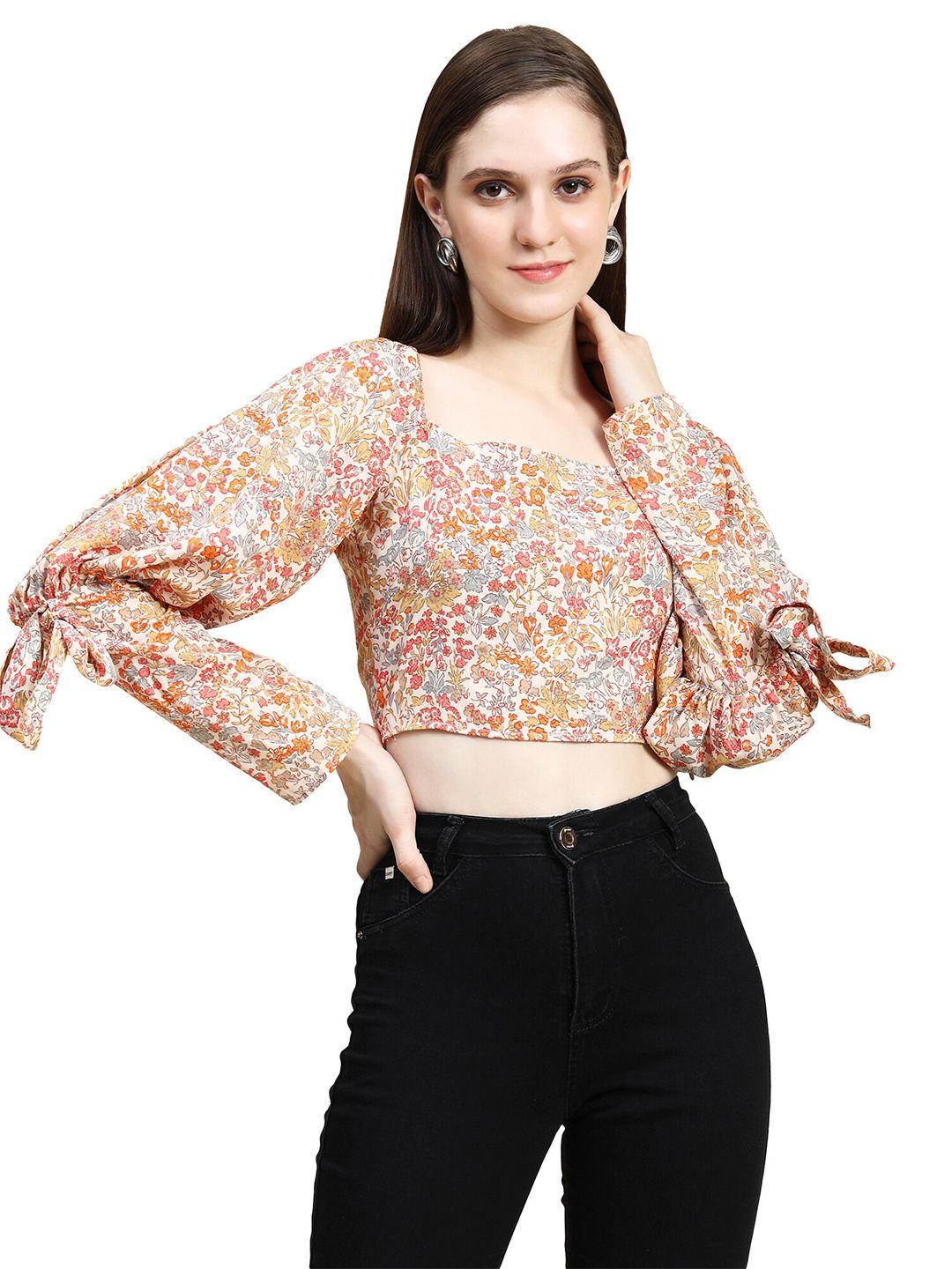 rujave floral print accordion pleats square neck long puff sleeves cape crop top