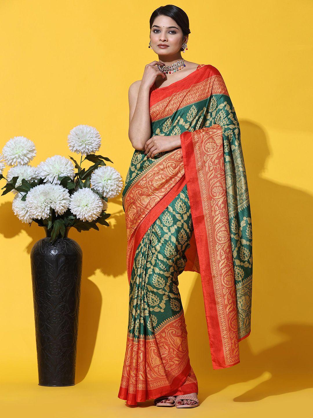 rujave kalamkari printed zari saree