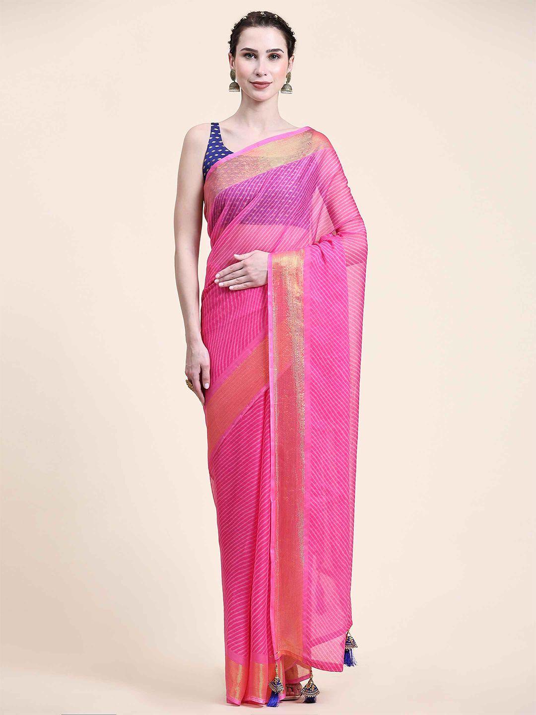 rujave pink & pink leheriya pure chiffon designer leheriya saree