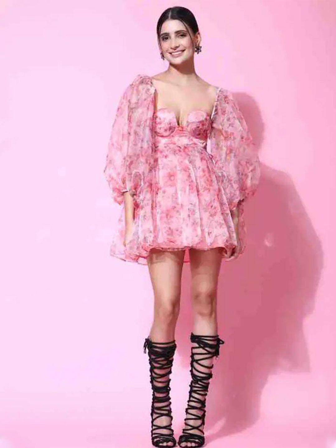 rujave pink & pink print puff sleeve applique crepe fit & flare dress