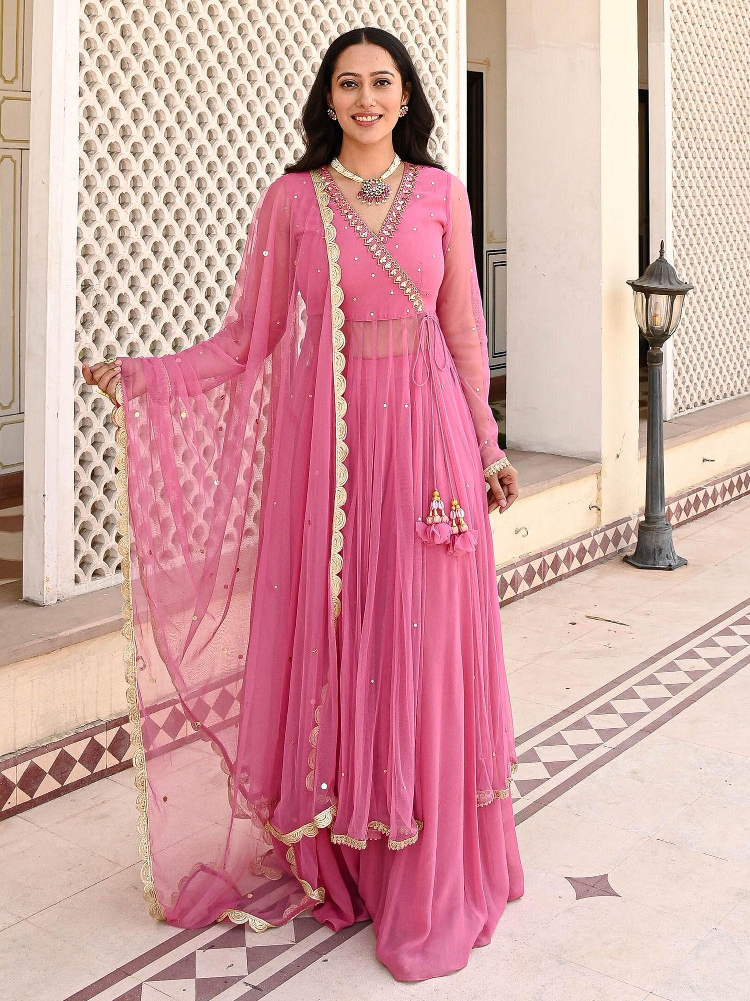 rukhsaar pink embellished angrakha kurta with palazzo and dupatta (set of 3)