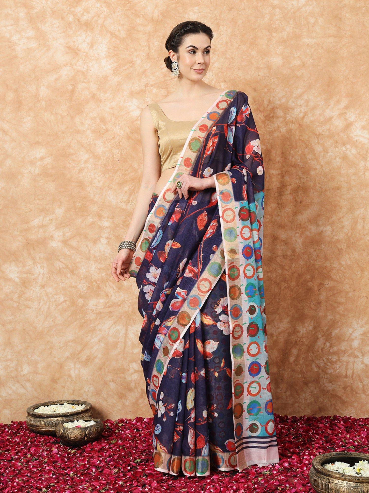 rumana navy blue linen floral print saree with unstitched blouse