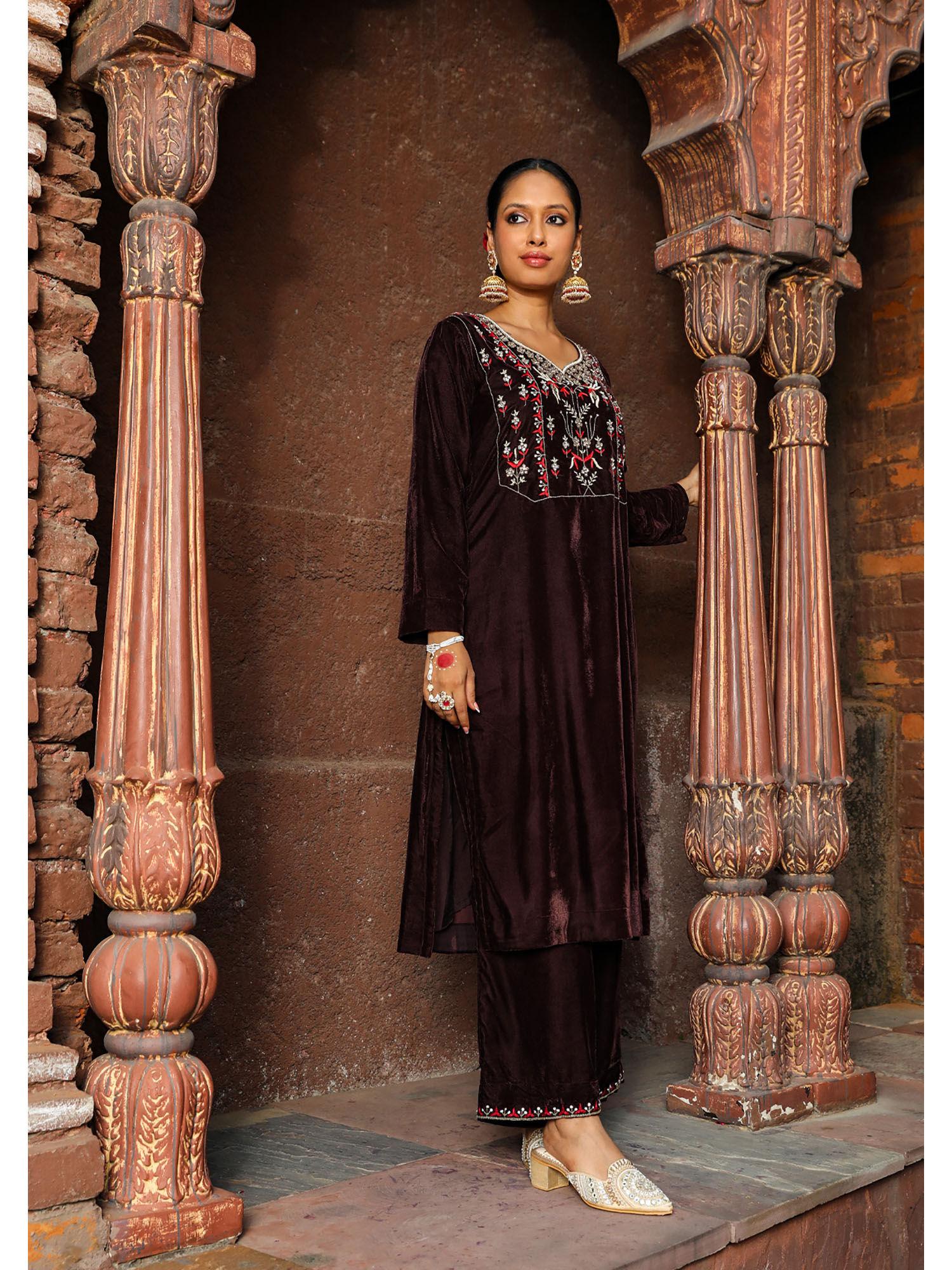 rumi embroidered velvet brown straight kurta with palazzo (set of 2)