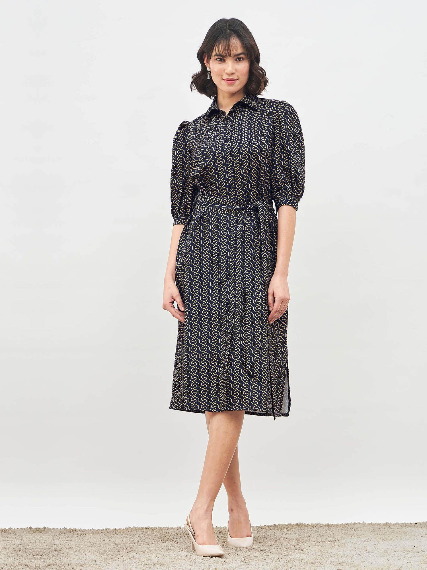 runic navy blue printed shirt dress (set of 2)