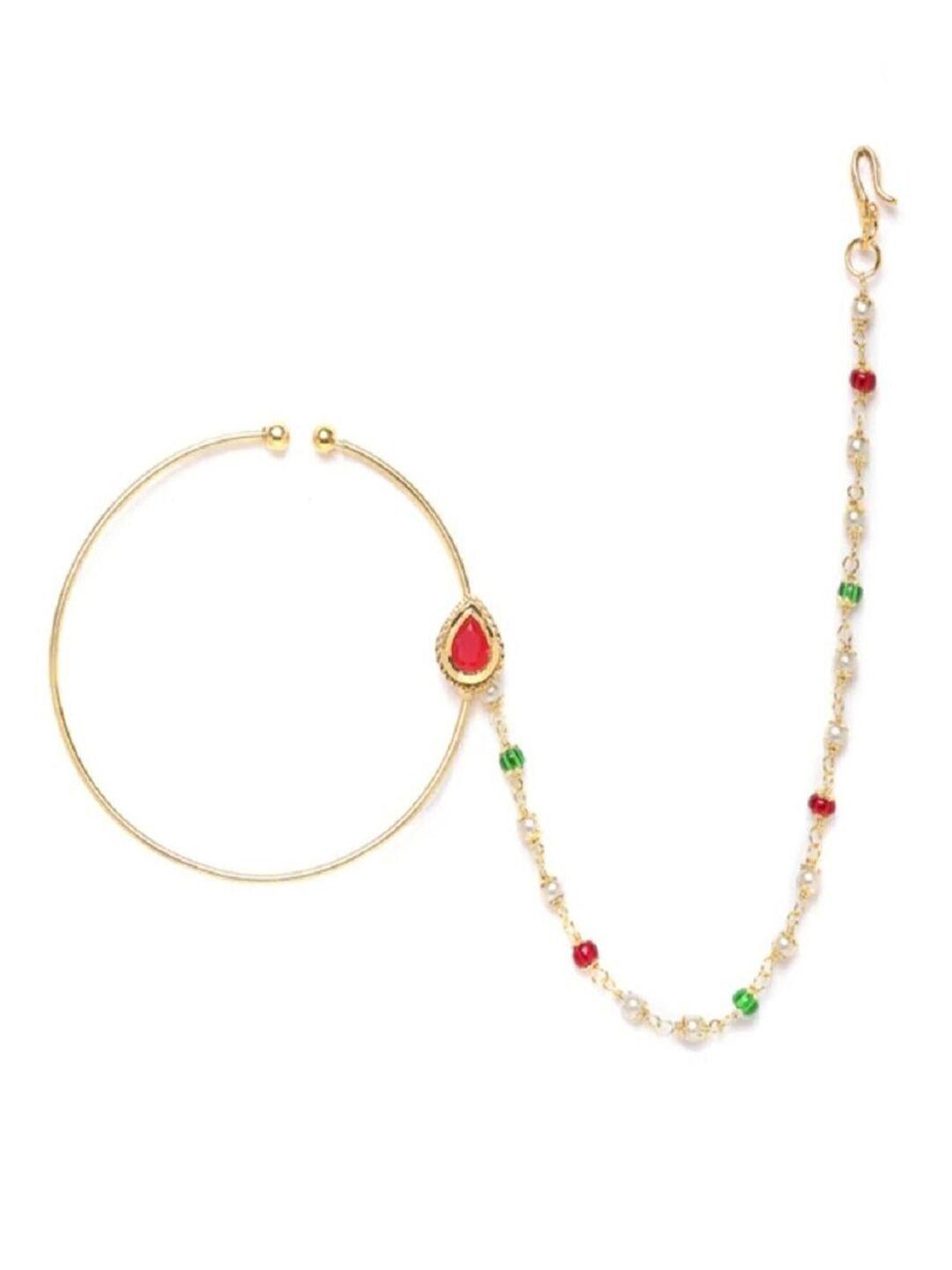 runjhun gold-plated kundan stone-studded pearl beaded nose-ring with chain