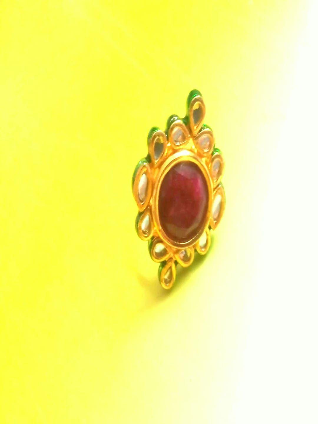 runjhun gold-plated maroon kundan-studded adjustable finger ring