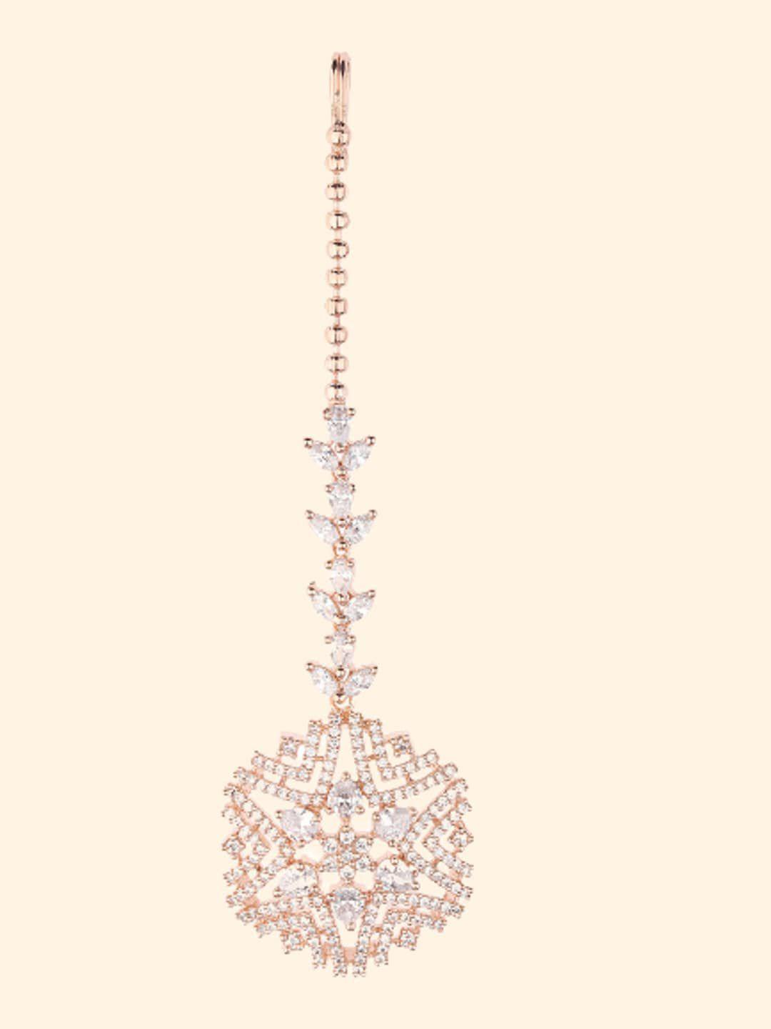 runjhun rose gold-plated american diamond studded maang tikka head jewellery