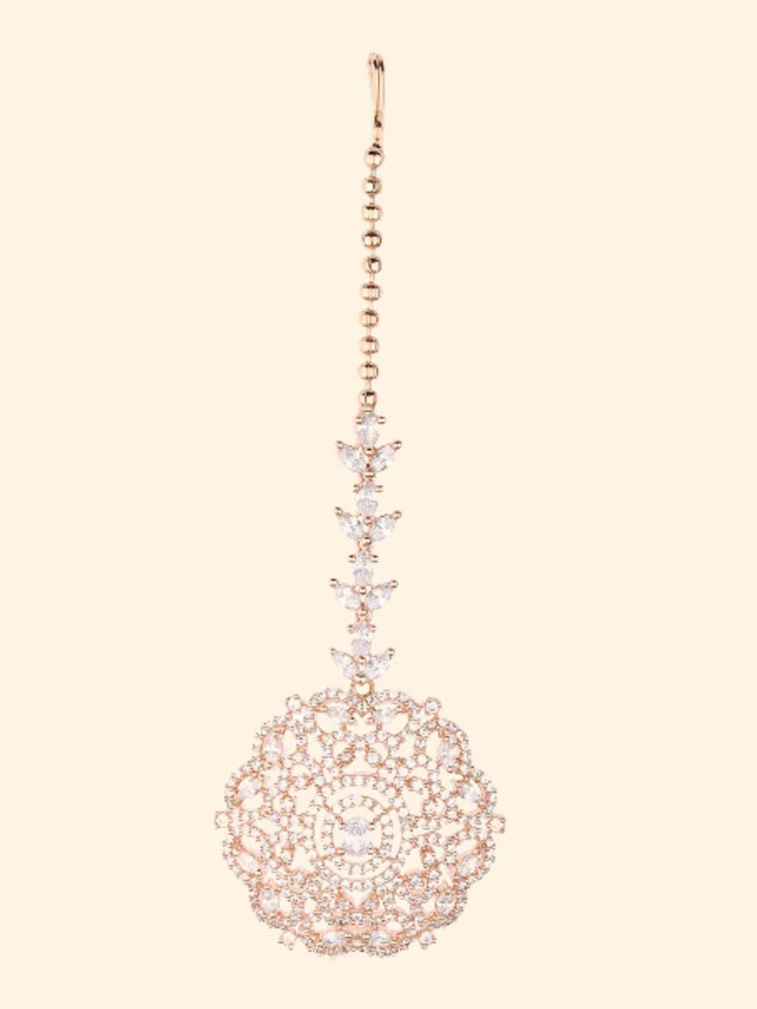 runjhun rose gold-plated american diamond studded maang tikka head jewellery