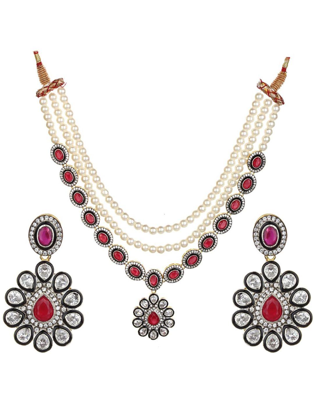 runjhun women maroon & white ad studded gold-plated jewellery set