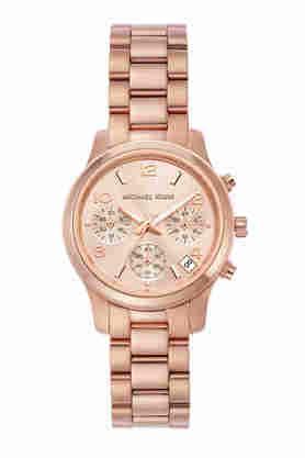 runway 34 mm rose gold dial stainless steel chronograph watch for women - mk7327
