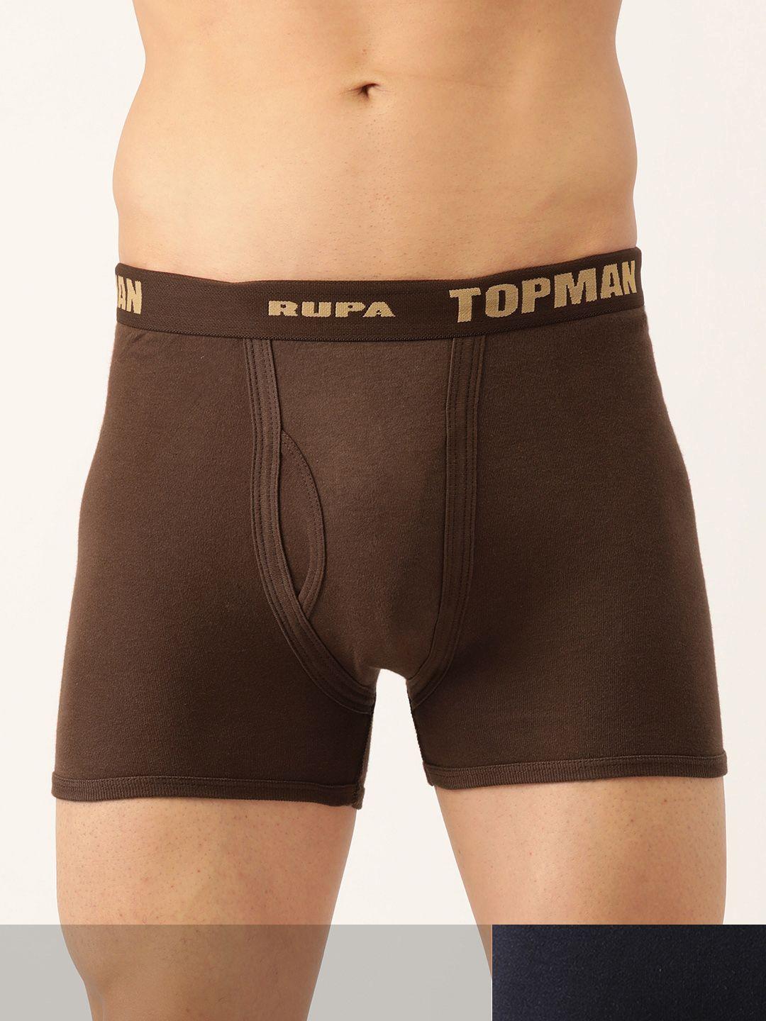 rupa men set of 2 navy blue & brown solid cotton trunks