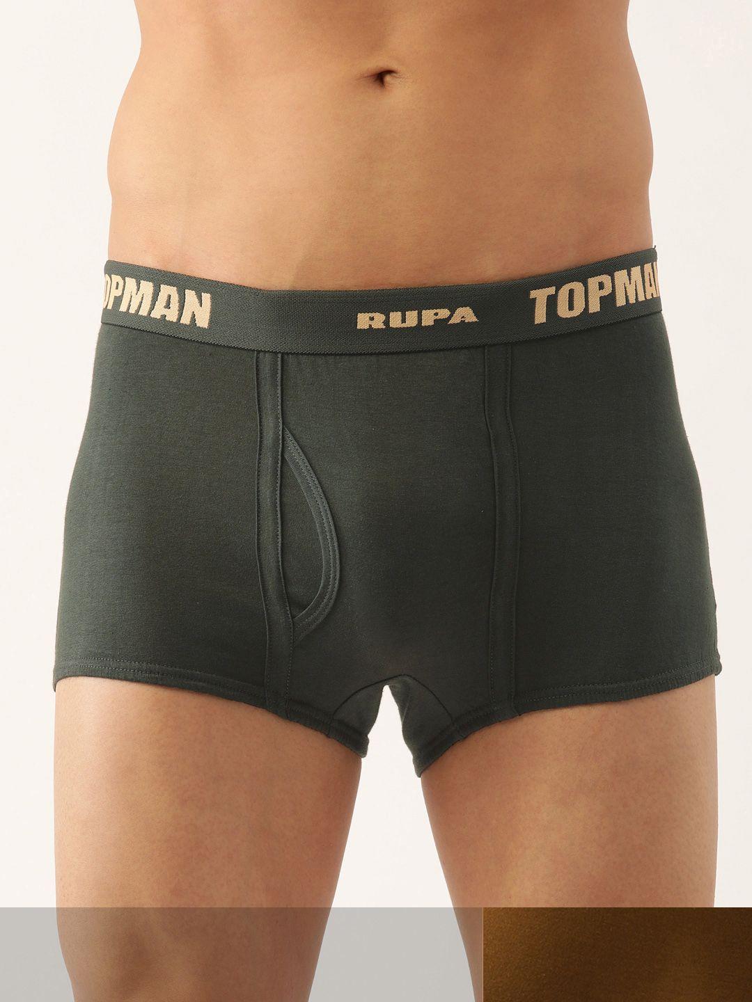 rupa men set of 2 olive green & brown solid cotton trunks