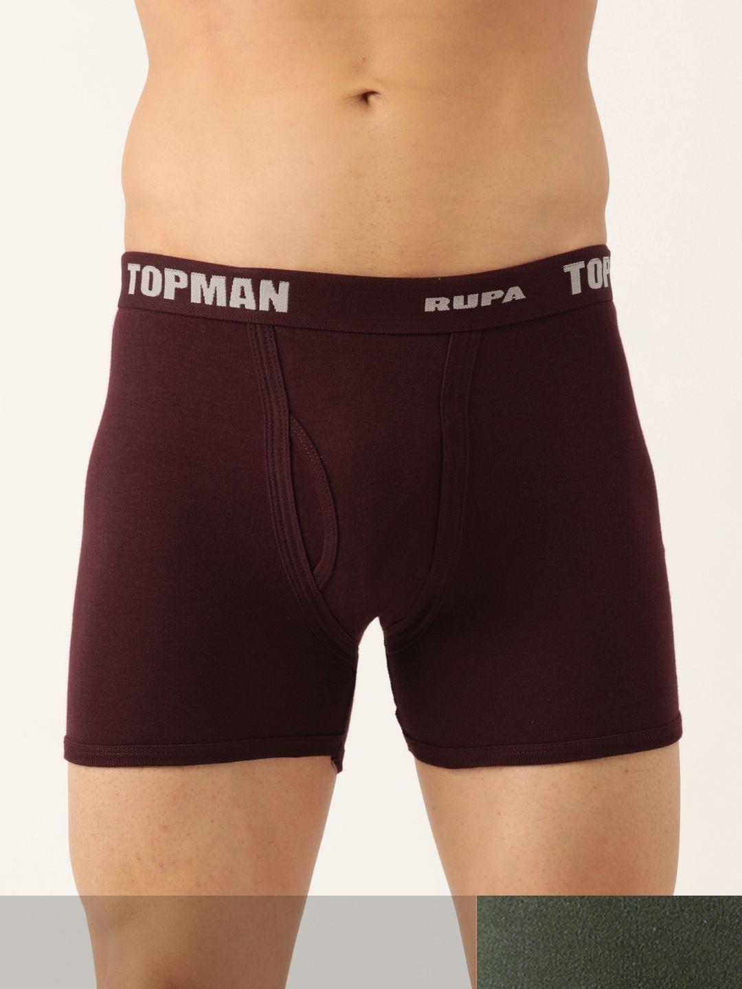 rupa men set of 2 olive green & maroon solid cotton trunks