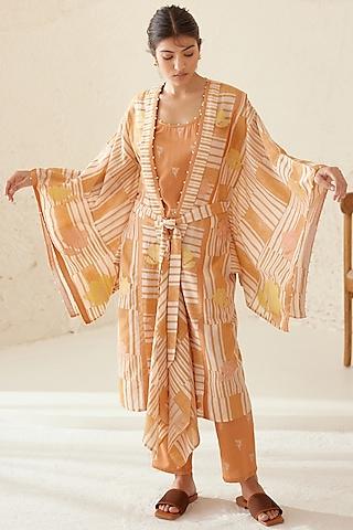 russet orange silk voile & modal hand block printed kimono set