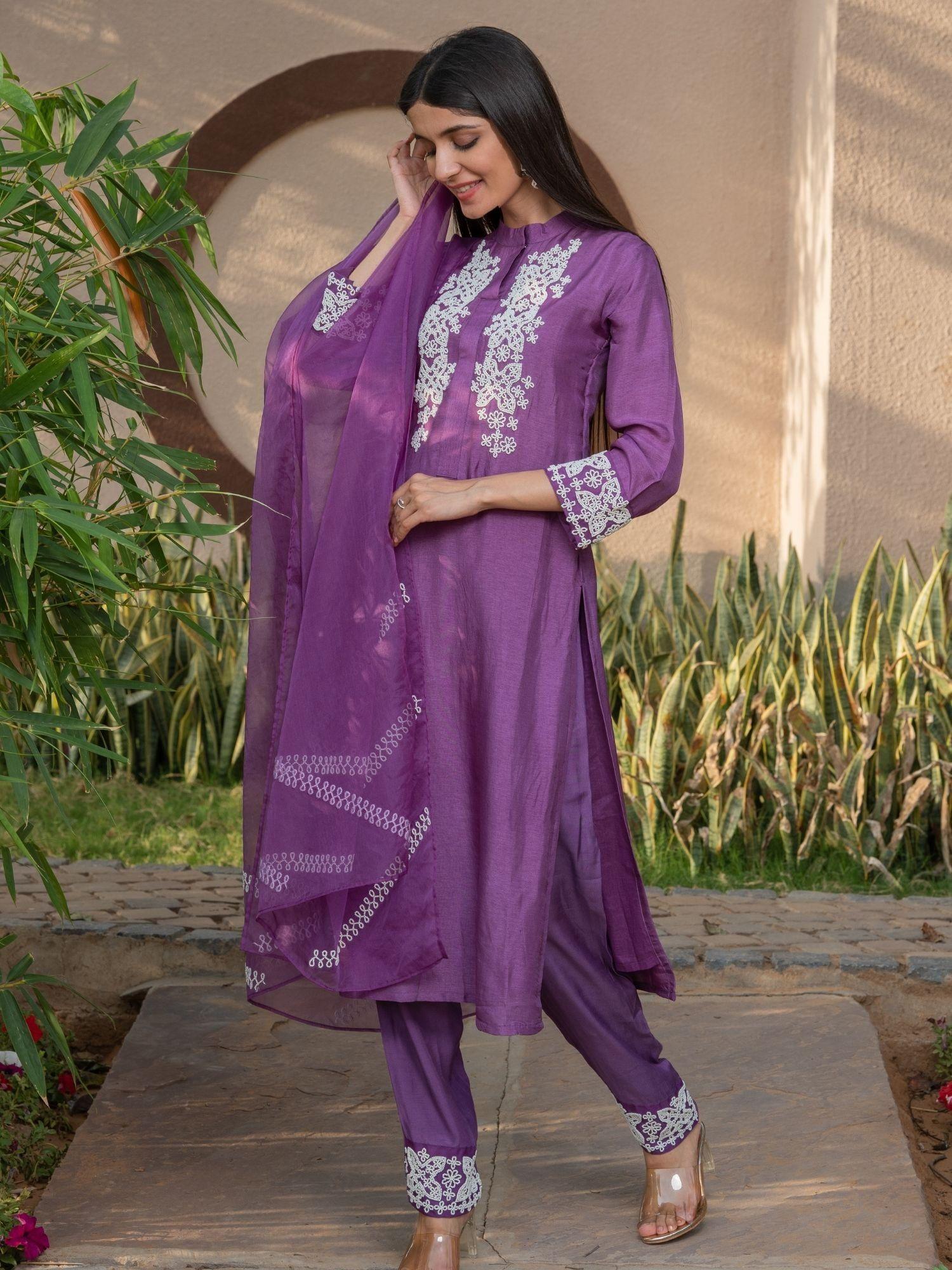 russian purple handwork kurta (set of 3)