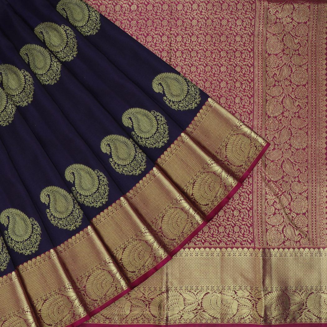 russian violet kanjivaram silk saree with floral paisley motifs