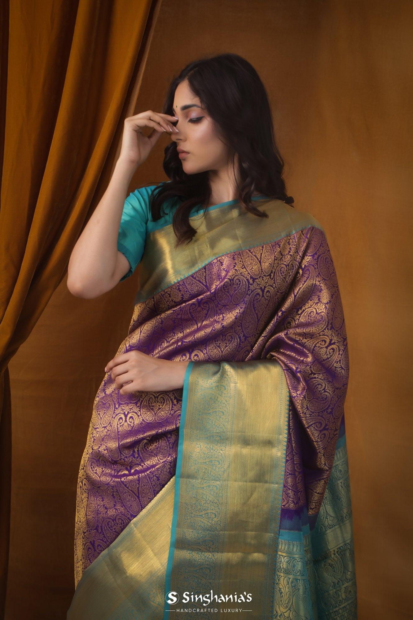 russian violet kanjivaram silk saree with floral paisley pattern