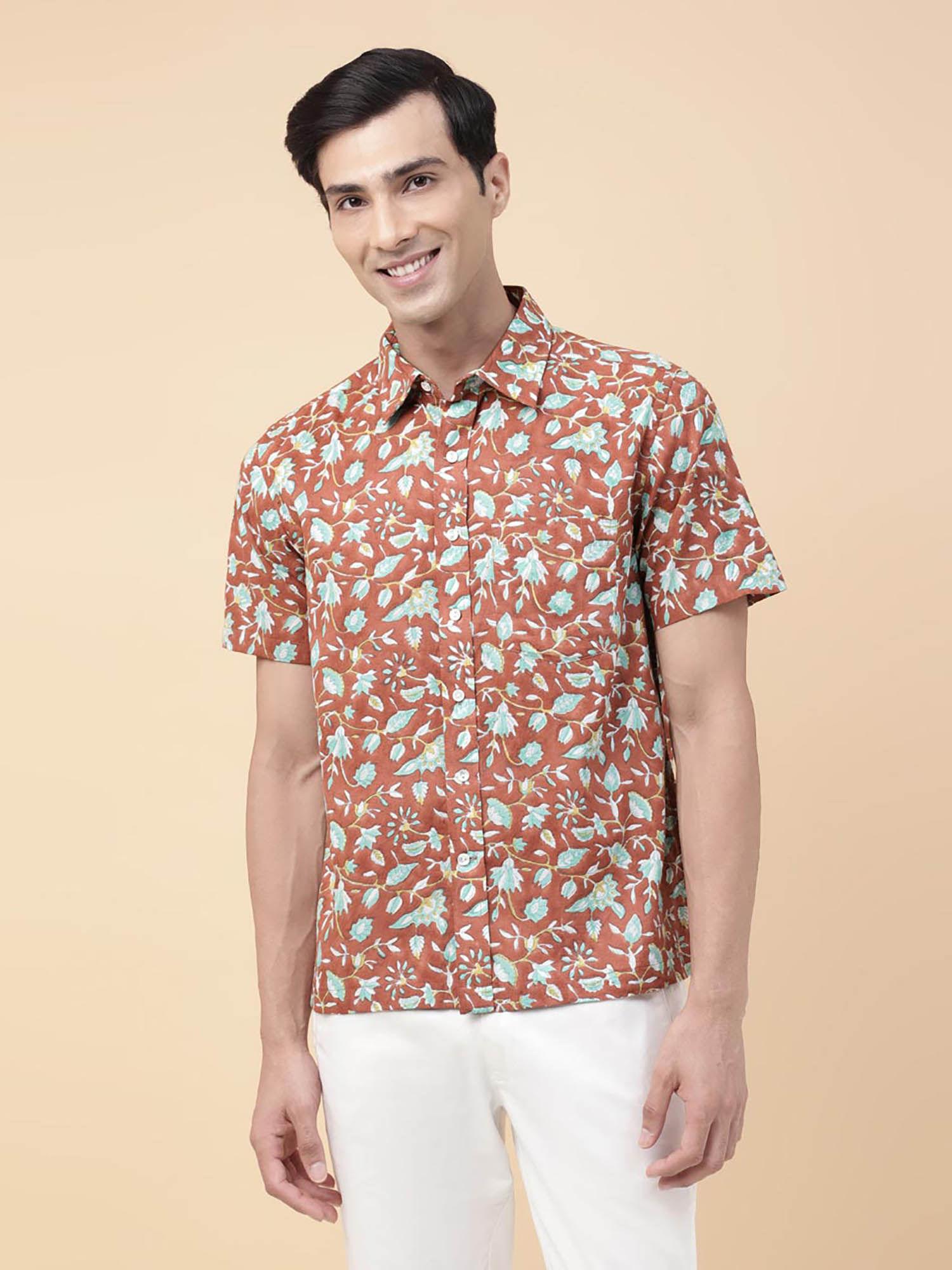 rust cotton floral print regular shirt