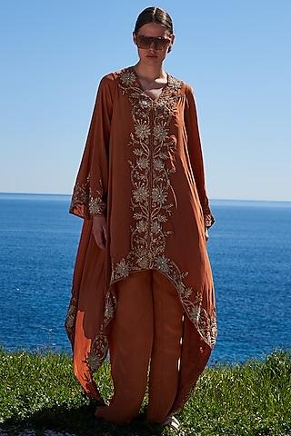 rust crepe embroidered asymmetrical cape set