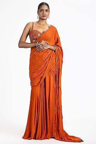 rust georgette resham & mirror embroidered drape saree set