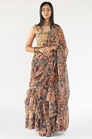 rust georgette tiered skirt saree set